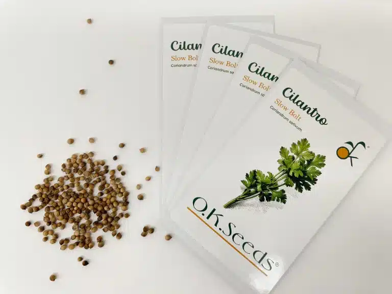 Slow Bolt cilantro seeds in OK Seeds packets