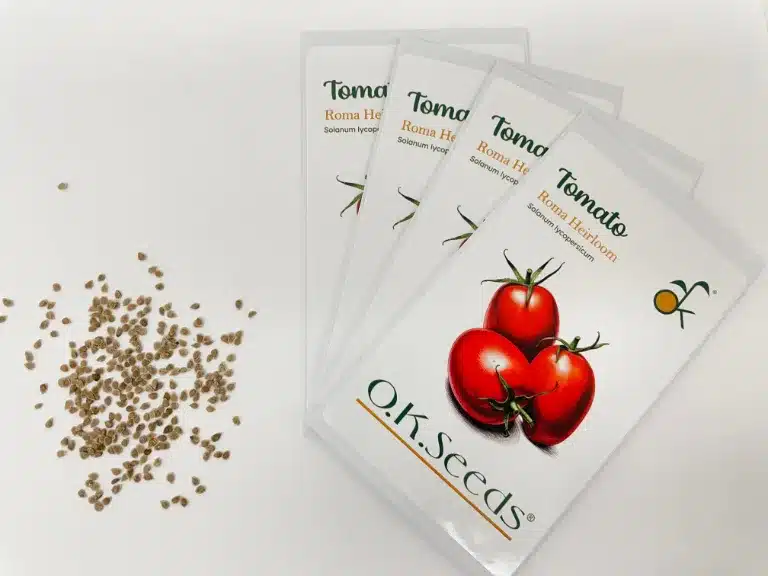 Roma heirloom tomato seeds in OK Seeds packets